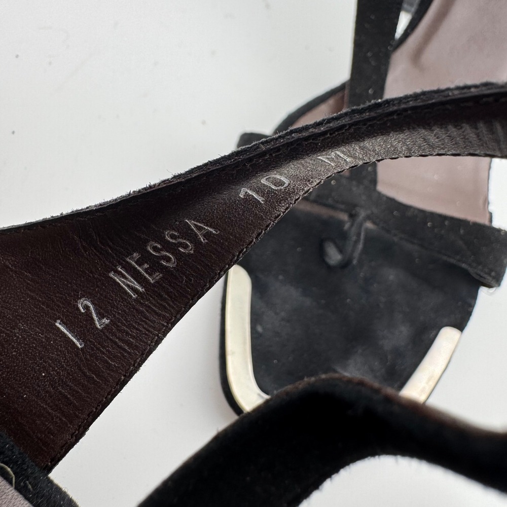 Donald J Pliner Nessa Sandals Women 10 Black Suede T-Strap Silver Toe Italy Heel - Picture 6 of 8